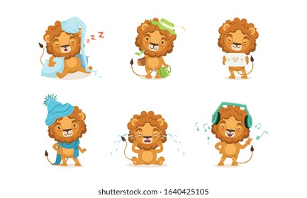 Cute Lion in Different Situations Set, Funny African Animal Cartoon Character Vector Illustration