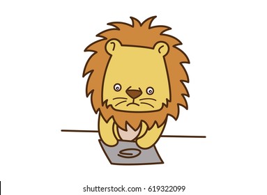 Cute Lion doing work Sadly . Vector Illustration. Isolated on white background.