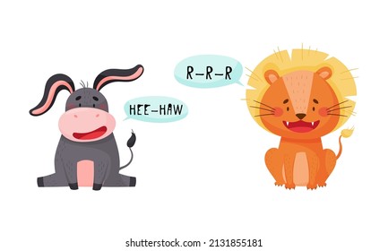 Cute lion and donkey baby animals making sounds set cartoon vector illustration