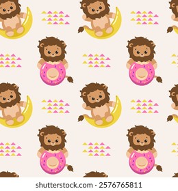 Cute Lion Donut Moon semaless Pattern