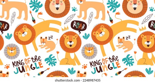 Cute león doodle patrón sin fisuras de animales de safari divertidos en un fondo aislado. Textura de leones de la jungla dulce para diseño de bebé o impresión para niños.