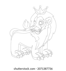 Cute lion drawing with a crown on his head. linear vector