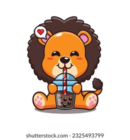 cute lion drink boba milk tea cartoon vector illustration.
