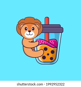 Cute lion Drinking Boba milk tea. Animal cartoon concept isolated. Can used for t-shirt, greeting card, invitation card or mascot.