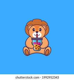 Cute lion Drinking Boba milk tea. Animal cartoon concept isolated. Can used for t-shirt, greeting card, invitation card or mascot.