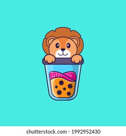 Cute lion Drinking Boba milk tea. Animal cartoon concept isolated. Can used for t-shirt, greeting card, invitation card or mascot.
