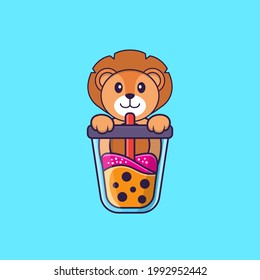 Cute lion Drinking Boba milk tea. Animal cartoon concept isolated. Can used for t-shirt, greeting card, invitation card or mascot.