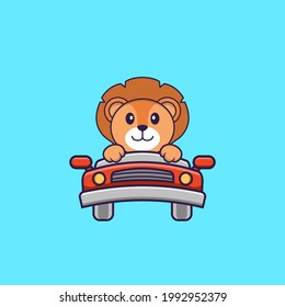 Cute lion is driving. Animal cartoon concept isolated. Can used for t-shirt, greeting card, invitation card or mascot.