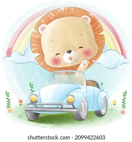 Cute Lion Driving A Car cartoon illustration , for cover book, print, baby shower, nursery decorations, birthday invitations, poster, greeting card