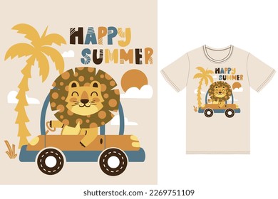 Cute lion driving car illustration with tshirt design premium vector the Concept of Isolated Technology. Flat Cartoon Style Suitable for Landing Web Pages,T shirt, Flyers, Stickers