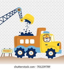 Cute lion driving dump truck with construction element on bricks wall background, vector cartoon illustration