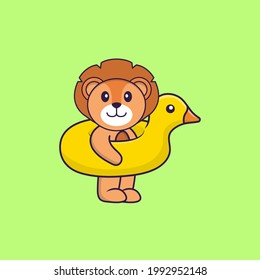 Cute lion With Duck buoy. Animal cartoon concept isolated. Can used for t-shirt, greeting card, invitation card or mascot.