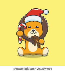 Cute lion eating christmas cookies and candy. Cute christmas cartoon illustrations.