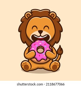 Cute lion eating doughnut cartoon vector icon illustration  Animal food icon concept isolated premium vector  Flat cartoon style