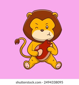 Cute Lion Eating A Meat Cartoon Vector Icon Illustration. Animal Food. Flat Cartoon Concept