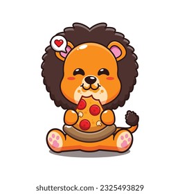 cute lion eating pizza cartoon vector illustration.