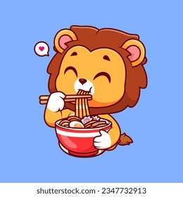 Ilustración de Icono de vectores de caricatura de fideos de león lindo comiendo fideos de Ramen. Vector Premium Aislado De Icono De Alimentos Animales. Estilo de dibujo plano