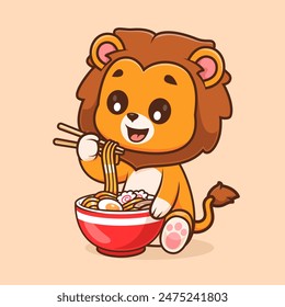 Cute Lion Eating Ramen Noodle Cartoon Vector Icon Illustration. Animal Food Icon Concept Isolated Premium Vector. Flat Cartoon Style