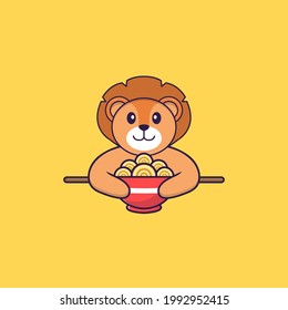 Cute lion eating ramen noodles. Animal cartoon concept isolated. Can used for t-shirt, greeting card, invitation card or mascot.