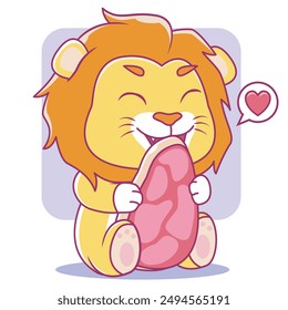 cute lion eating raw steak. Cartoon Vector mascot Illustration animal food Isolated
