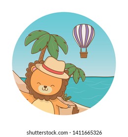 cute lion enjoying summer time cartoon