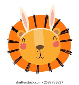 Cute lion face with Easter bunny ears character illustration. Hand drawn flat style design, isolated vector. Holiday clip art, seasonal card, banner, poster, kids print element