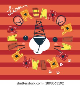 Cute lion face embroidery design on striped background illustration vector, Print for kids t-shirt.