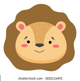 Cute lion face emoticon emoji expression illustration - smile. Cartoon animal character isolated on white background. Lion head with wide mane flat vector illustration. African savannah symbol