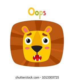 Cute lion face expression, cartoon vector illustration isolated on white background. Funny animal emotion face icon, facial expression.