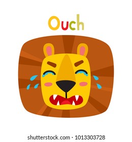 Cute lion face expression, cartoon vector illustration isolated on white background. Funny animal emotion face icon, facial expression.