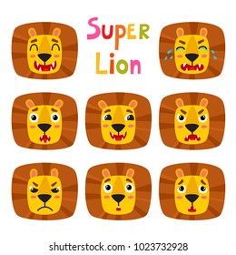 Cute lion face expression, set of cartoon vector illustration isolated on white background. Set of funny animal emotion face icons, facial expressions.