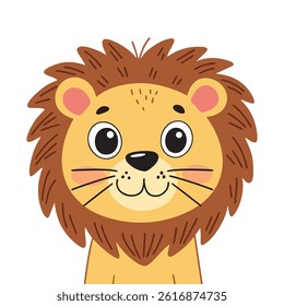 Cute Lion Face in Flat Style. Hand Drawn Vector Art. 