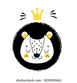 Cute lion face. Hand drawn lion with crown in scandinavian style. For kids, children and baby fashion prints and design. Nursery decoration. Isolated clip art