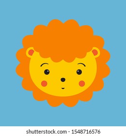 Cute lion face head icon. 
Funny tropical animal. Blue background. Cartoon vector illustration
