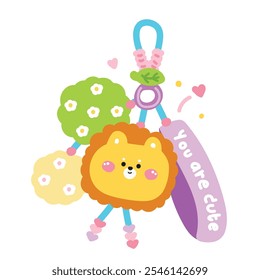 Cute lion face head keychain bag with bead and furry ball.You are cute text.Grass,flower,leaf.Wild animal cartoon.Image for card,sticker,decoration item.Kawaii.Vector.Illustration.