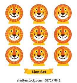 Cute lion face icon, logo, symbol. Vector illustration isolated on a white background