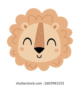 Cute lion face. Jungle animal cartoon character for children. Hand drawn vector illustration in flat style.