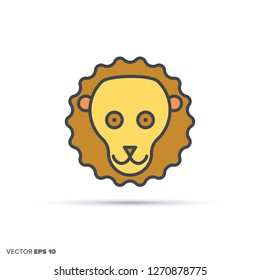 Cute lion face outline vector icon with color fill. Funny animal illustration.