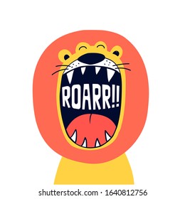 Cute lion face and slogan hand drawing illustration vector.