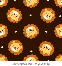 Cute lion faces and a crown. Vector Pattern on dark background for printing on children's products