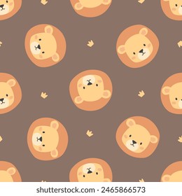 Cute lion faces and a crown. Vector Pattern on brown background for printing on children's products
