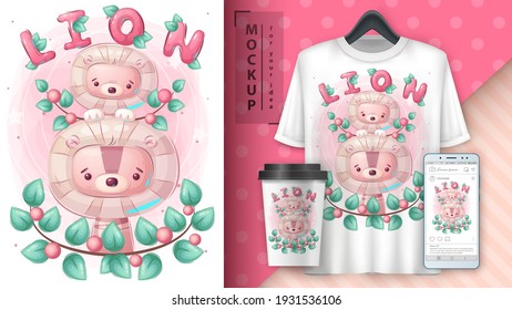 Cute lion family poster and merchandising. Vector eps 10