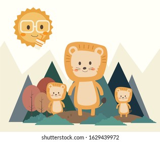 Cute lion and family vector design in the forest illustration flat and minimal style