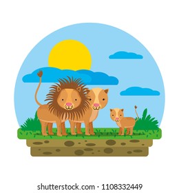 cute lion family wild animal in the landscape