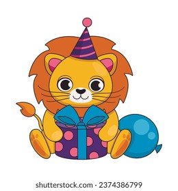 Cute lion in a festive cap with a gift and a balloon. Happy birthday. Vector graphic.