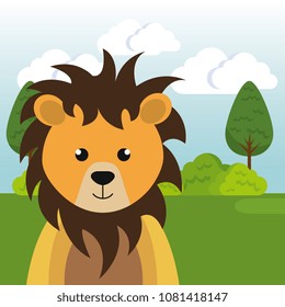cute lion in the field landscape character