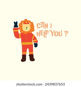 
Cute lion firefighter vector illustration for fabric, textile and print