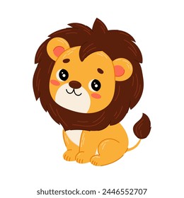 Cute lion in flat style on transparent background. Funny children's character. Wild animals. Safari. For poster, greeting card, baby design.
