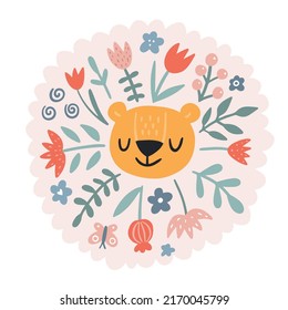 León lindo con flores. Ilustración vectorial moderna