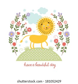 cute lion and flowers  